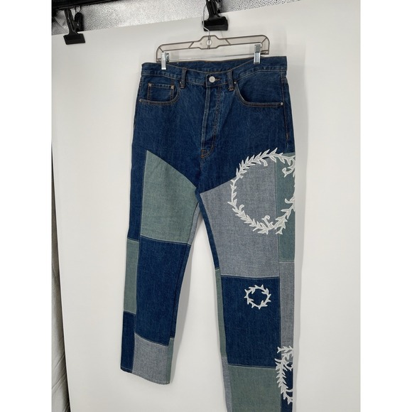 Mnml Jeans Mens 34 Fits 36x32 Patchwork Embroidered Baggy Denim Pants Floral - Picture 8 of 13